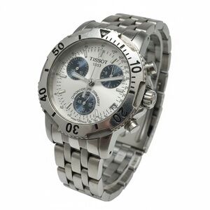 Tissot Silver Watch with White Dial and Dark Blue Subdials​​